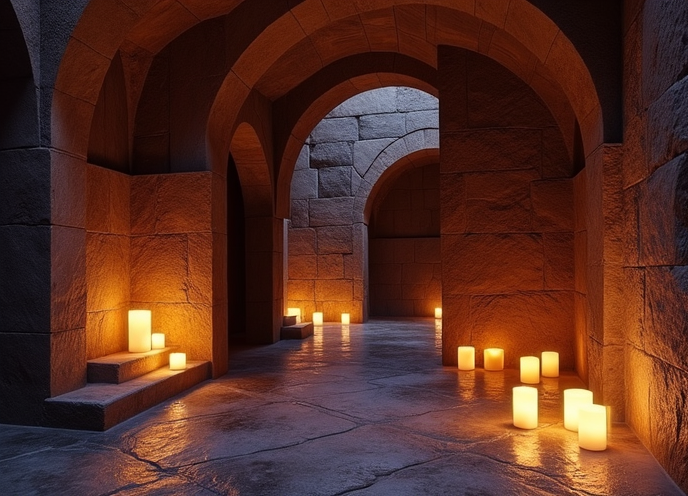 Warm stone arches with candles – a home, not a facility